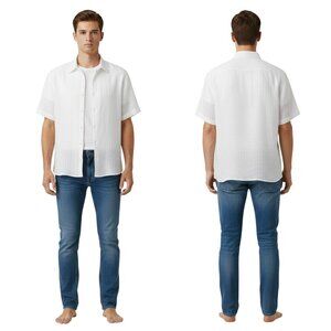 Perry Ellis Linen-Blend White Striped Shirt L Classic Coastal Resort Wear Casual